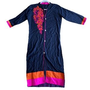 Navy Blue Embroidered Kurta S/M Shirt Tunic Lightweight Colorful‎ Cotton